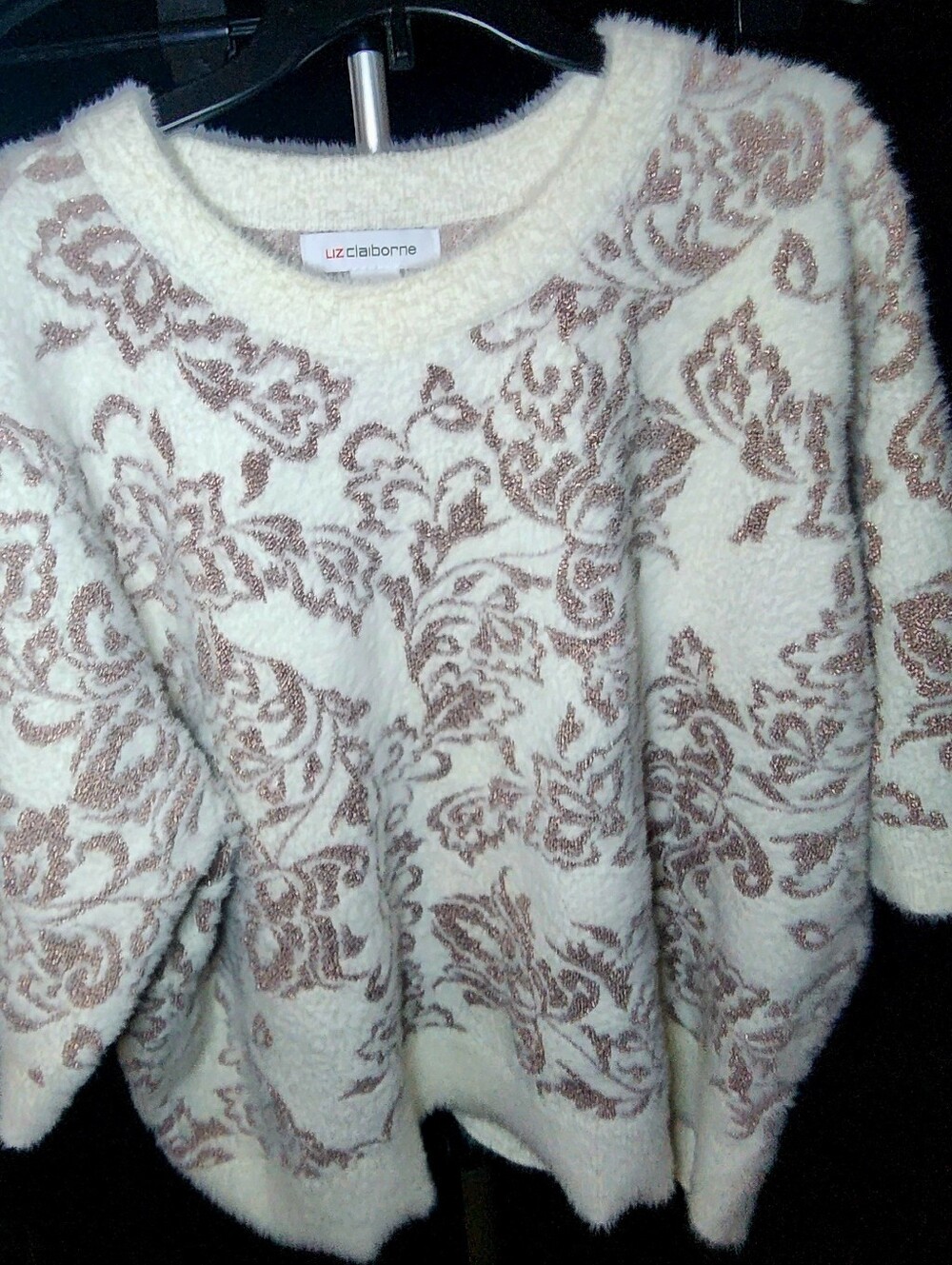 Liz Claiborne Petites PXL Ivory Floral Knit Pullover Sweater Metallic Trim